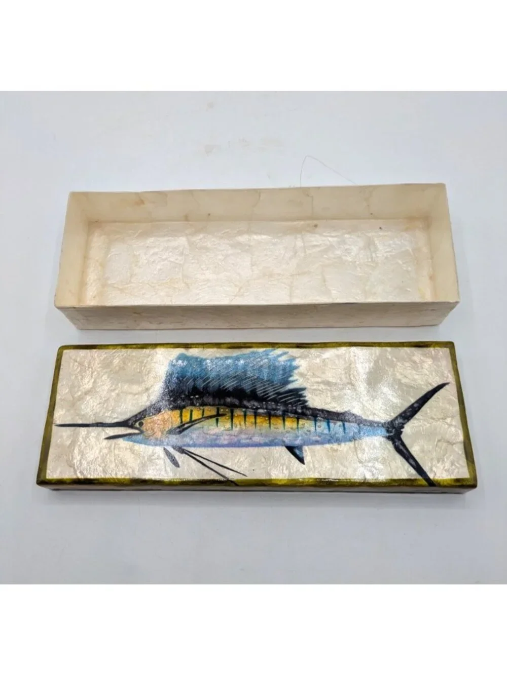 Vintage Hand Painted Swordfish Capiz Shell Long Trinket Box Philippines 9